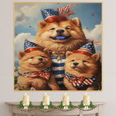 Mother Chow Chow with Three Puppies in Patriotic Outfits and Party Hats on Ready to Hang 1.5" Thick Canvas Wrap, Floating Framed Canvas, Flat Rolled Canvas